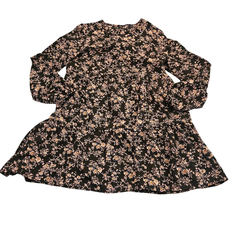 SHEIN Floral Babydoll Mini Dress Black Long Sleeve Tiered Boho Size Medium